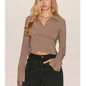 PrettyLittleThing Taupe Wrap Blouse